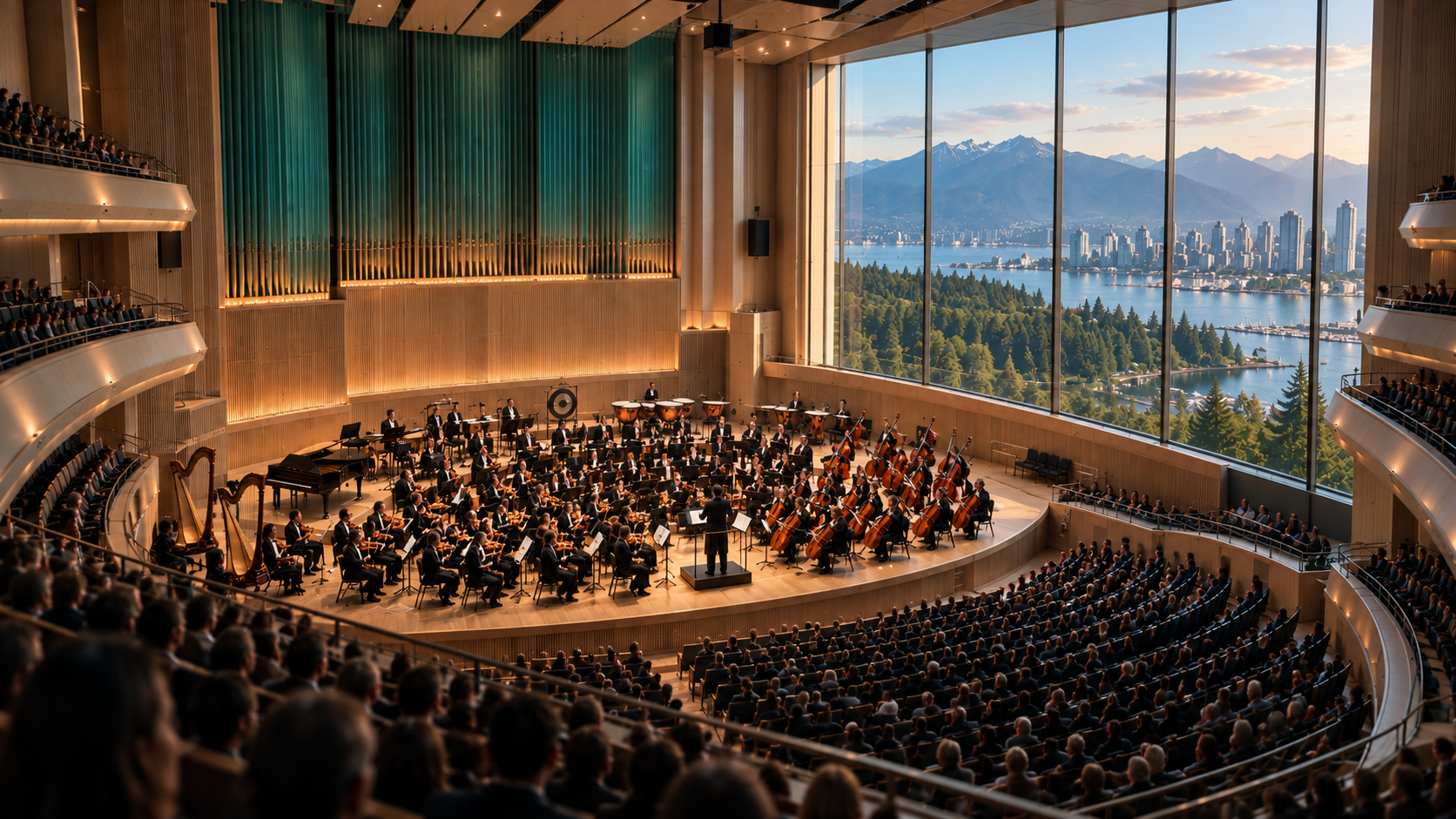 The same orchestra hall in a coordinated live performance