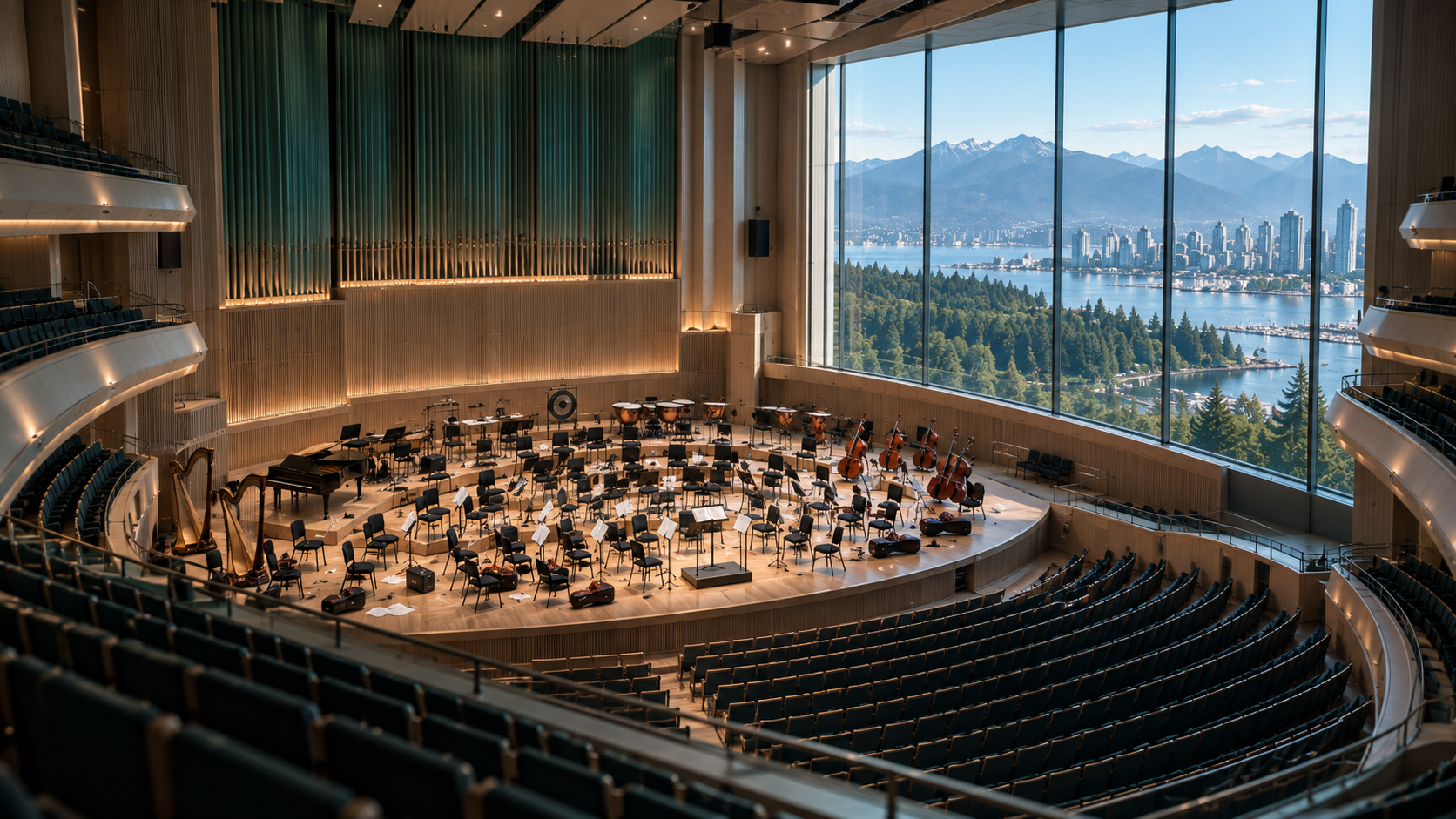 An orchestra hall prepared with instruments, chairs, and music stands
